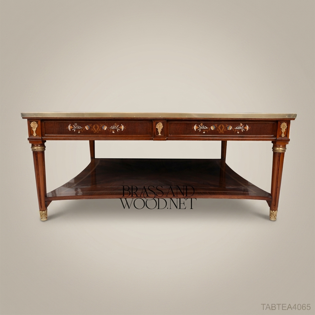 Louis XVI Neoclassical Coffee Table with Marquetry Top & Brass Mounts