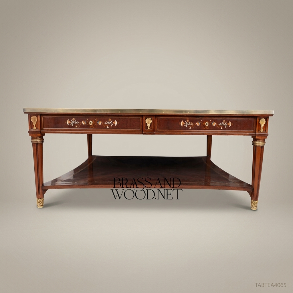 Louis XVI Neoclassical Coffee Table with Marquetry Top & Brass Mounts