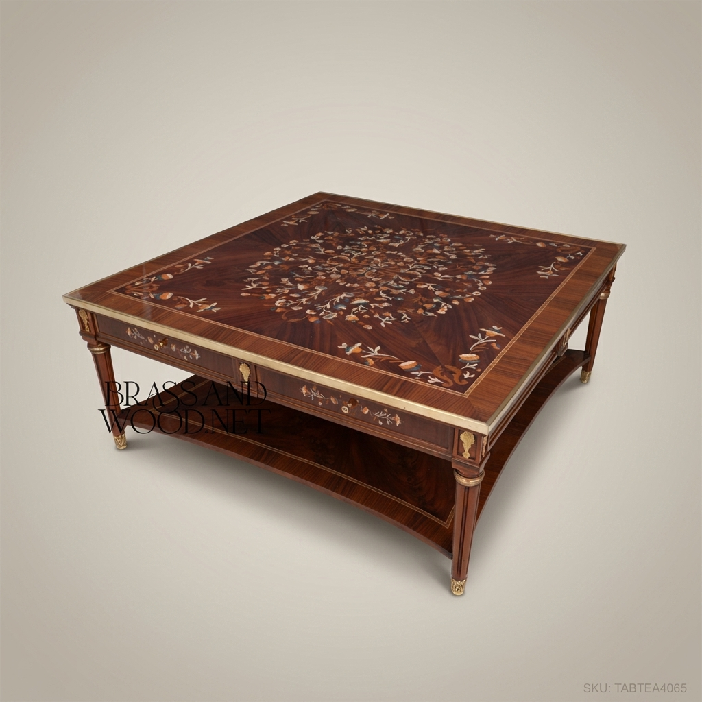 Louis XVI Neoclassical Coffee Table with Marquetry Top & Brass Mounts