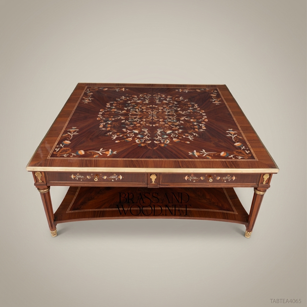 Louis XVI Neoclassical Coffee Table with Marquetry Top & Brass Mounts