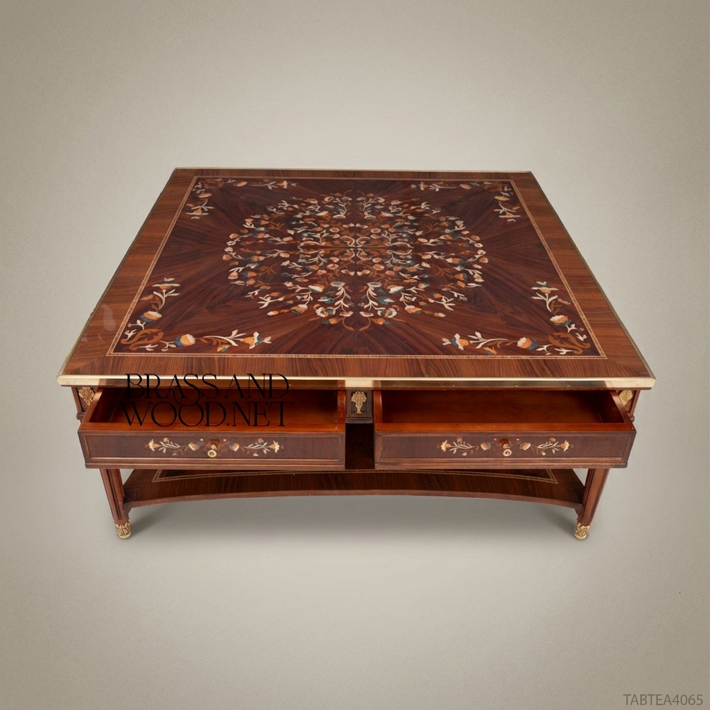 Louis XVI Neoclassical Coffee Table with Marquetry Top & Brass Mounts