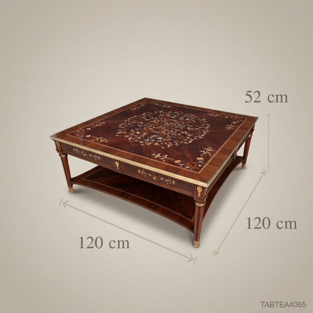 Louis XVI Neoclassical Coffee Table with Marquetry Top & Brass Mounts