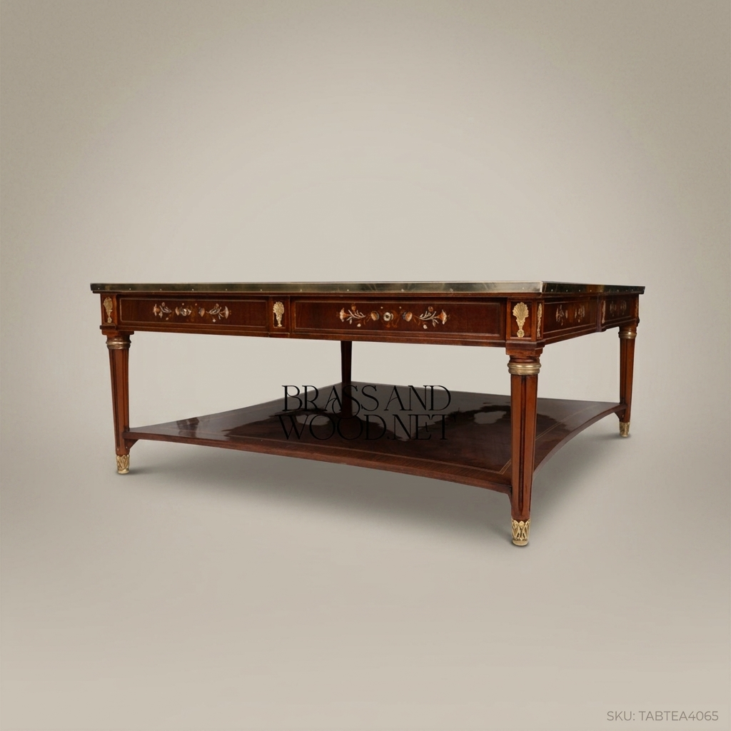 Louis XVI Neoclassical Coffee Table with Marquetry Top & Brass Mounts
