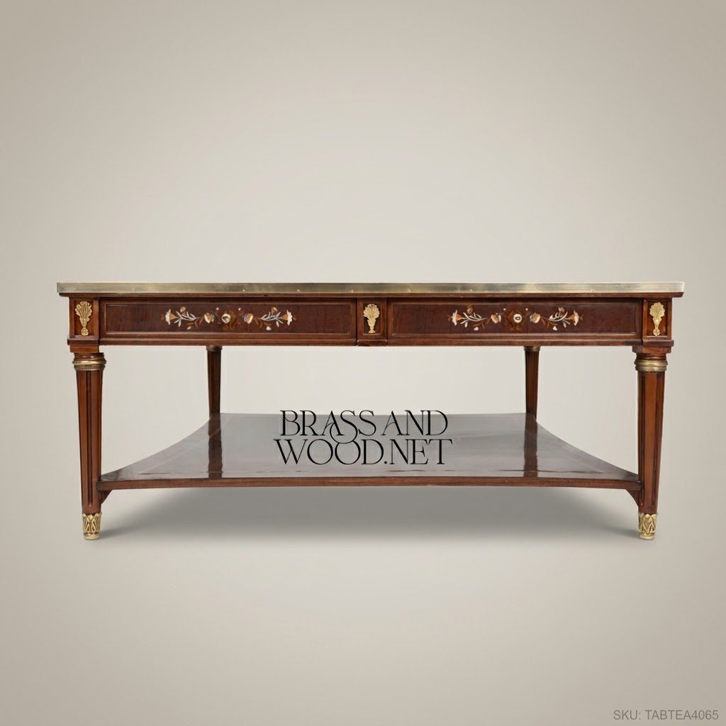 Louis XVI Neoclassical Coffee Table with Marquetry Top & Brass Mounts