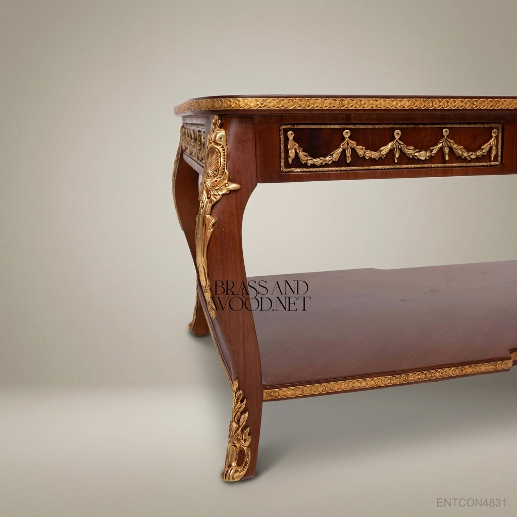 Louis XVI Neoclassical Coffee Table with Ormolu Mounts & Marquetry Top