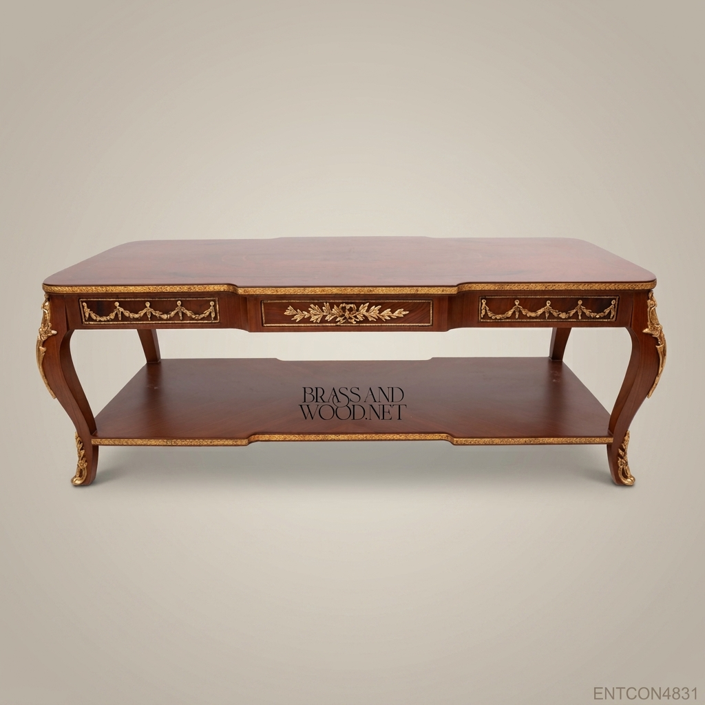 Louis XVI Neoclassical Coffee Table with Ormolu Mounts & Marquetry Top