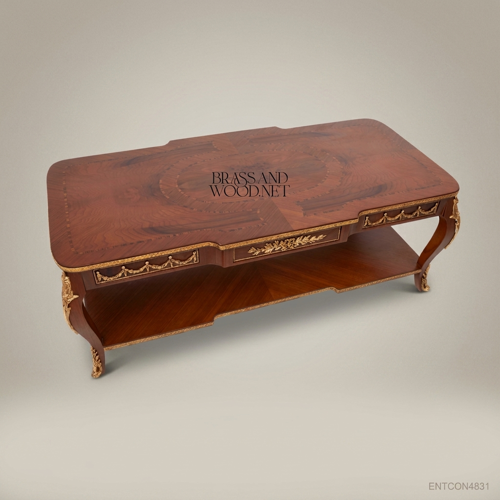 Louis XVI Neoclassical Coffee Table with Ormolu Mounts & Marquetry Top