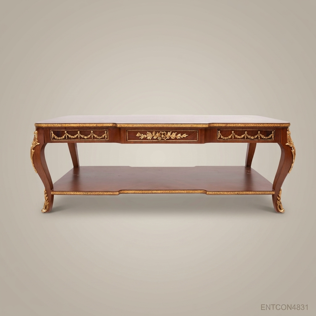 Louis XVI Neoclassical Coffee Table with Ormolu Mounts & Marquetry Top