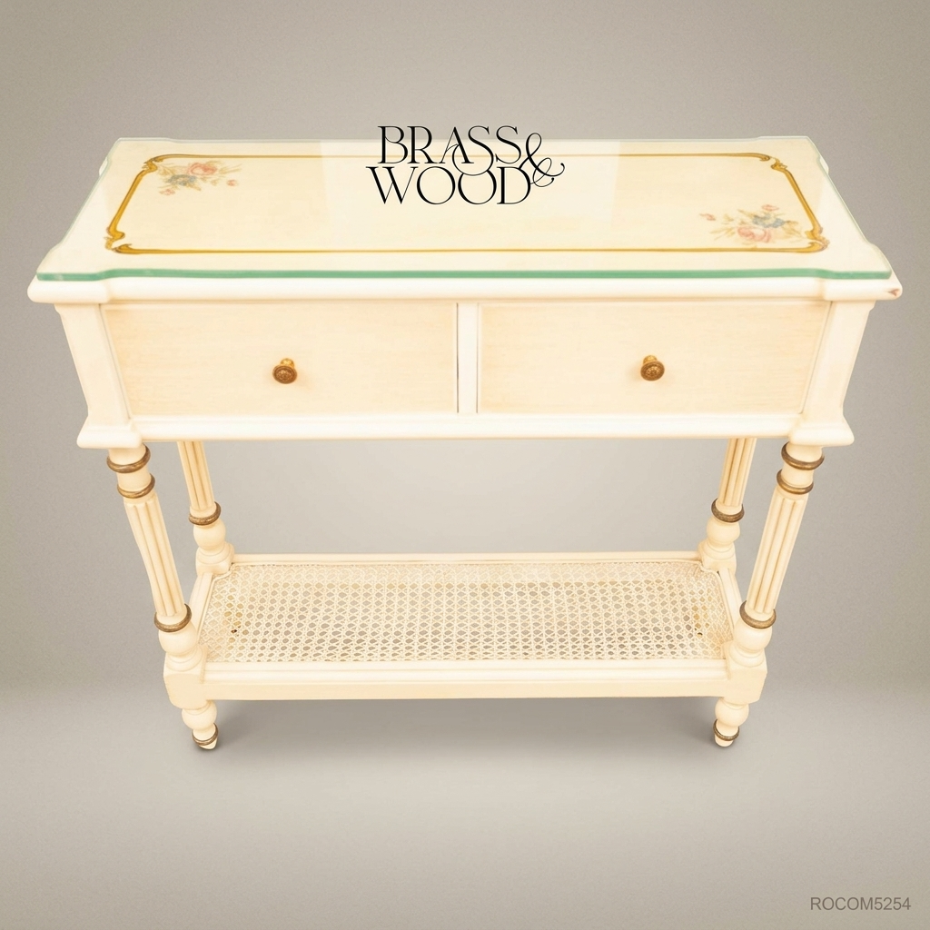 Louis XVI Neoclassical Ivory Console Table with Glass Top & Cane Shelf