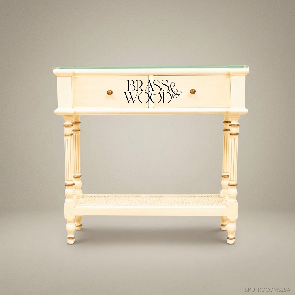 Louis XVI Neoclassical Ivory Console Table with Glass Top & Cane Shelf