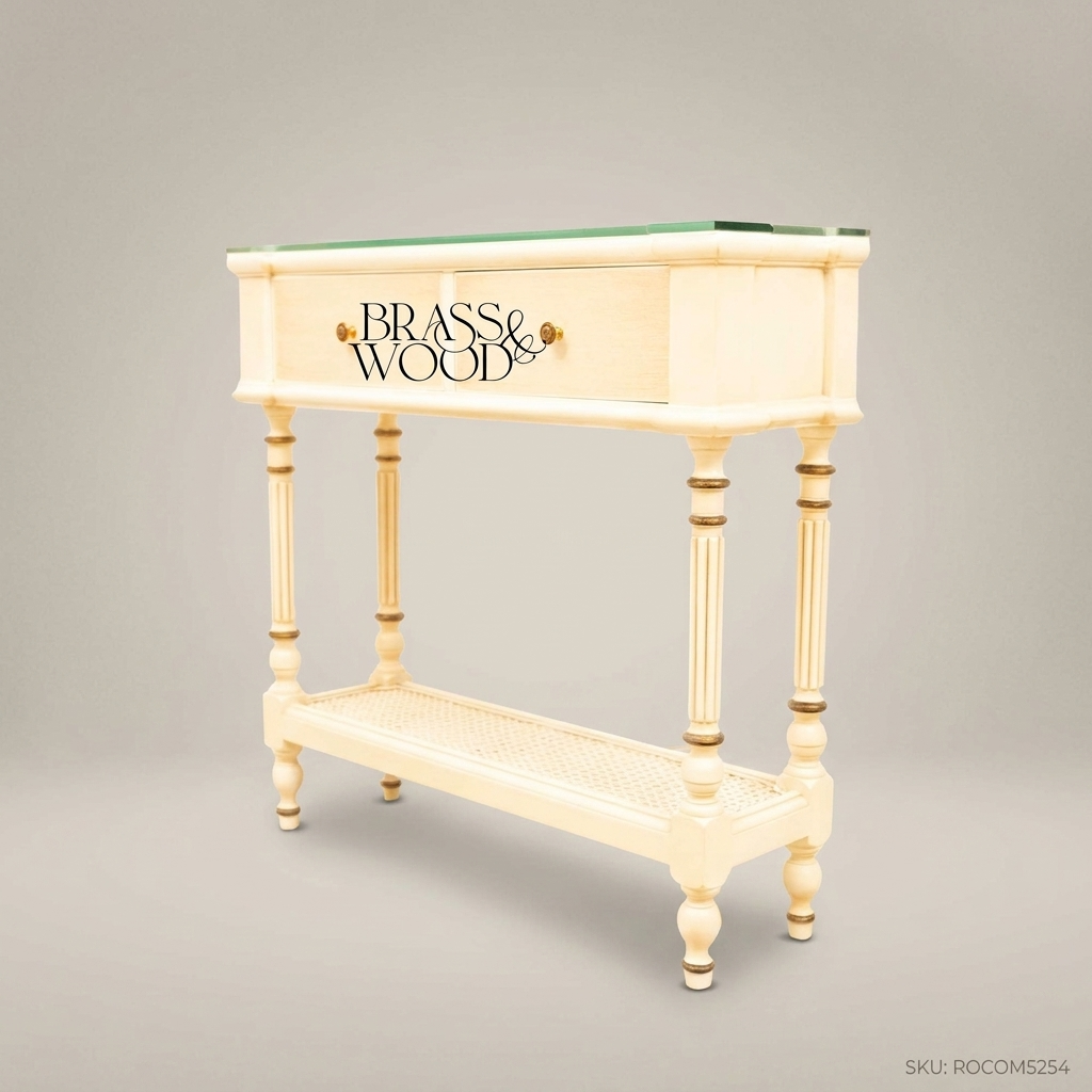 Louis XVI Neoclassical Ivory Console Table with Glass Top & Cane Shelf
