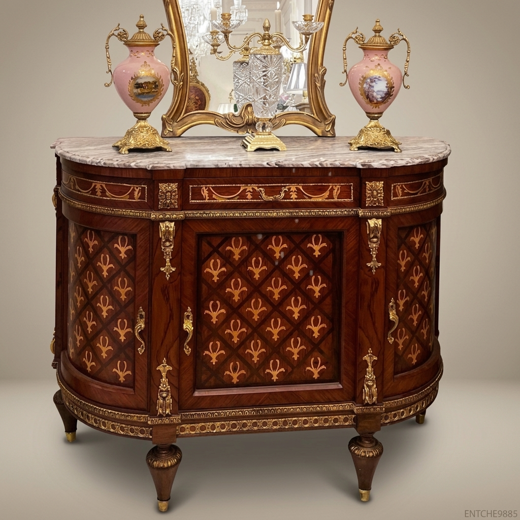 Louis XVI Neoclassical Demilune Commode with Marble Top & Ormolu Mounts