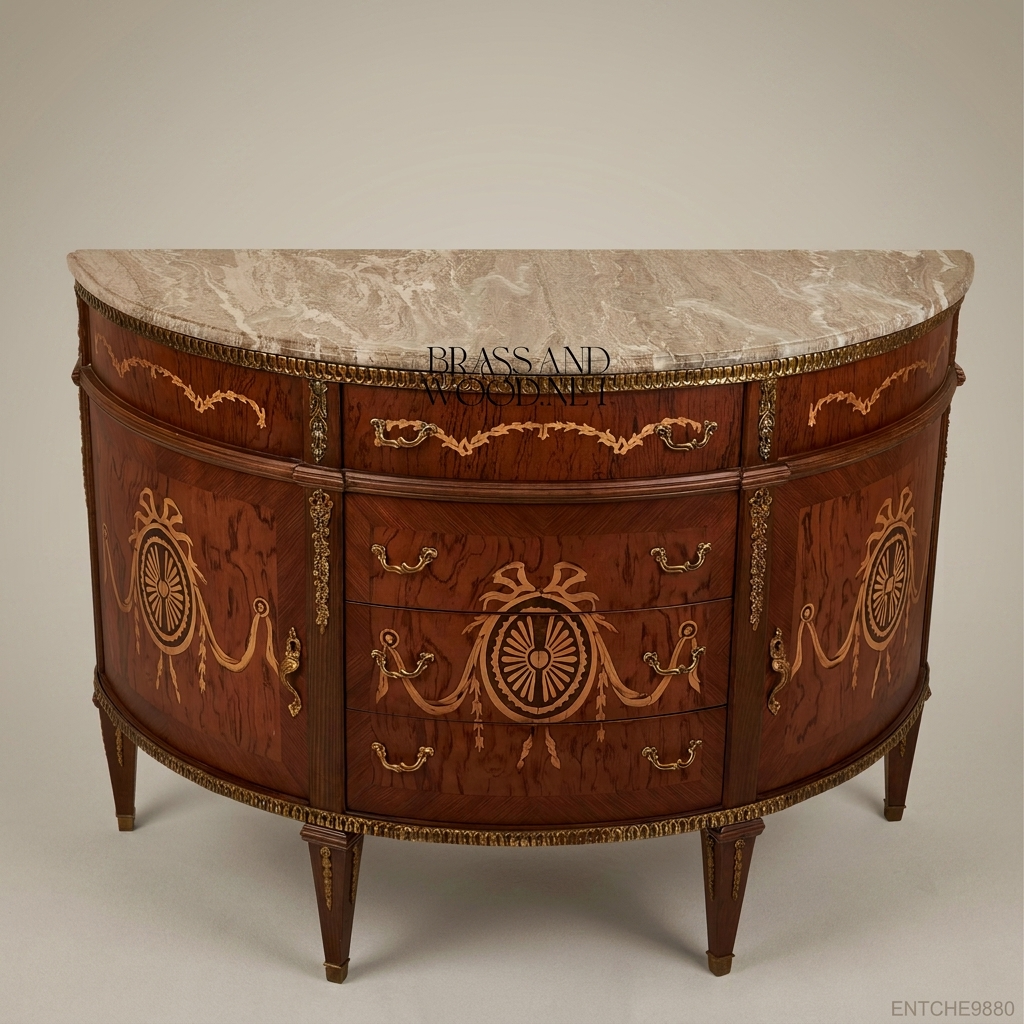Louis XVI Neoclassical Demi-Lune Commode with Marquetry & Marble Top