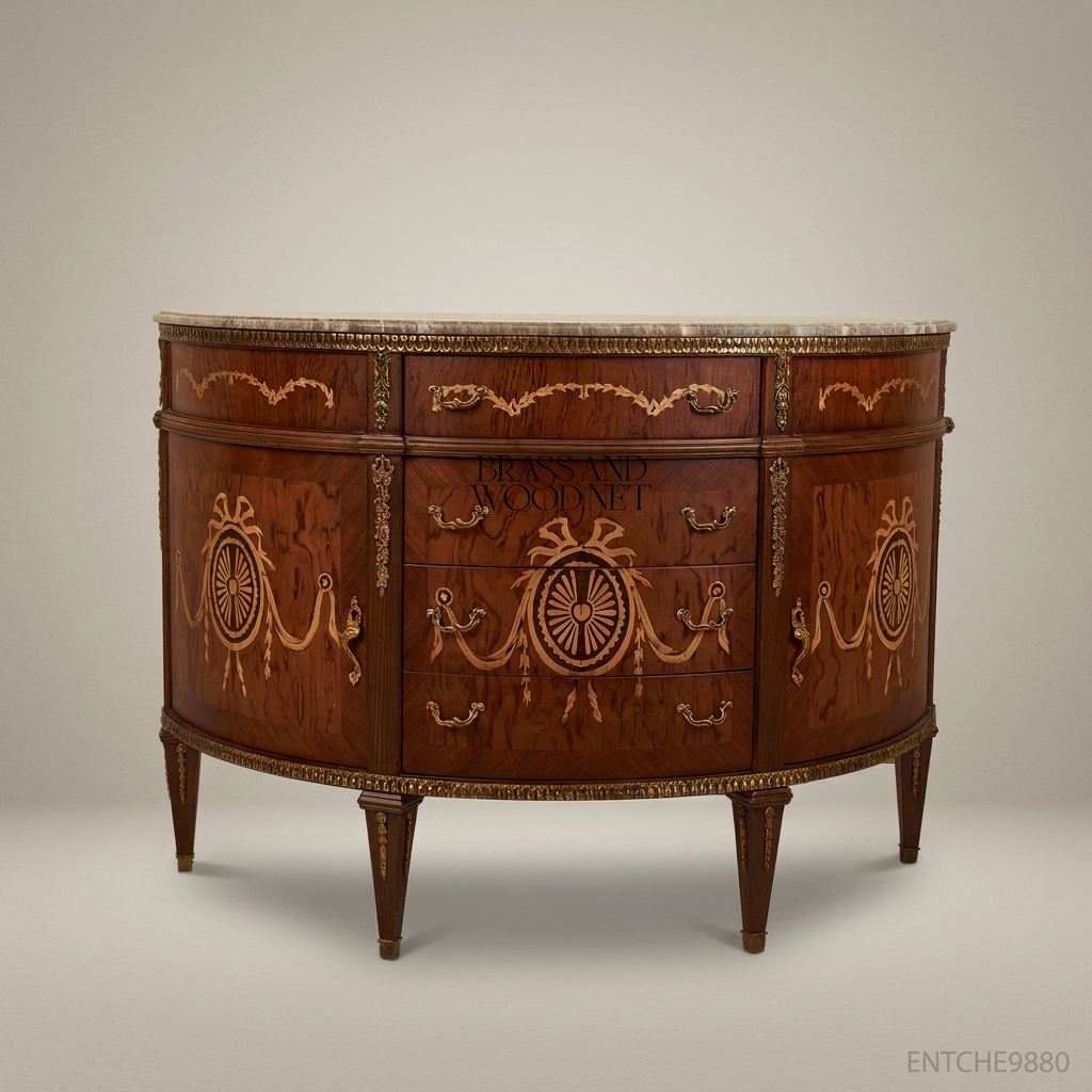Louis XVI Neoclassical Demi-Lune Commode with Marquetry & Marble Top