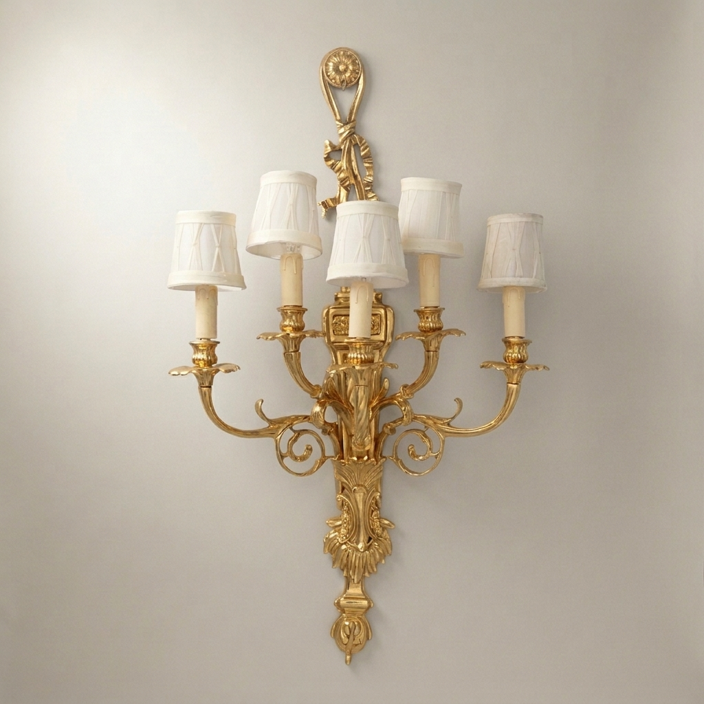 Louis XVI Neoclassical Five-Arm Brass Wall Sconce with Acanthus Backplate — Gold