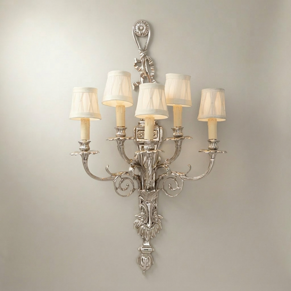 Louis XVI Neoclassical Five-Arm Brass Wall Sconce with Acanthus Backplate — Silver