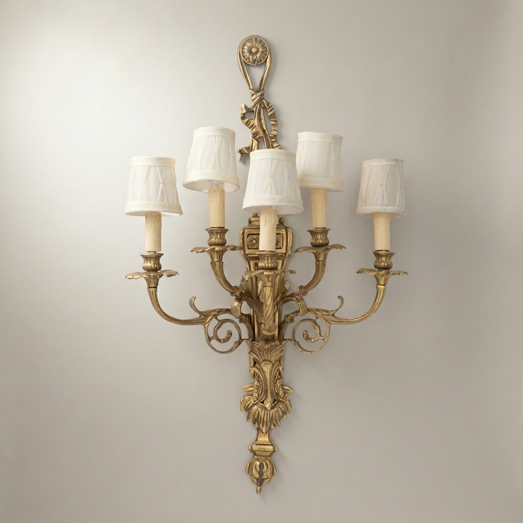 Louis XVI Neoclassical Five-Arm Brass Wall Sconce with Acanthus Backplate — Antique Gold