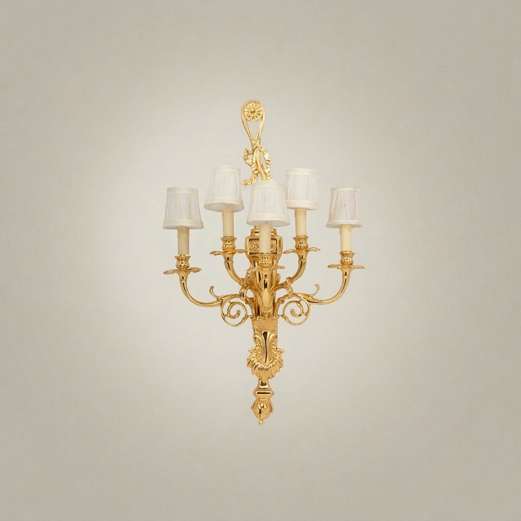 Louis XVI Neoclassical Five-Arm Brass Wall Sconce with Acanthus Backplate