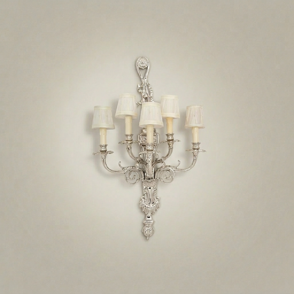 Louis XVI Neoclassical Five-Arm Brass Wall Sconce with Acanthus Backplate — Silver