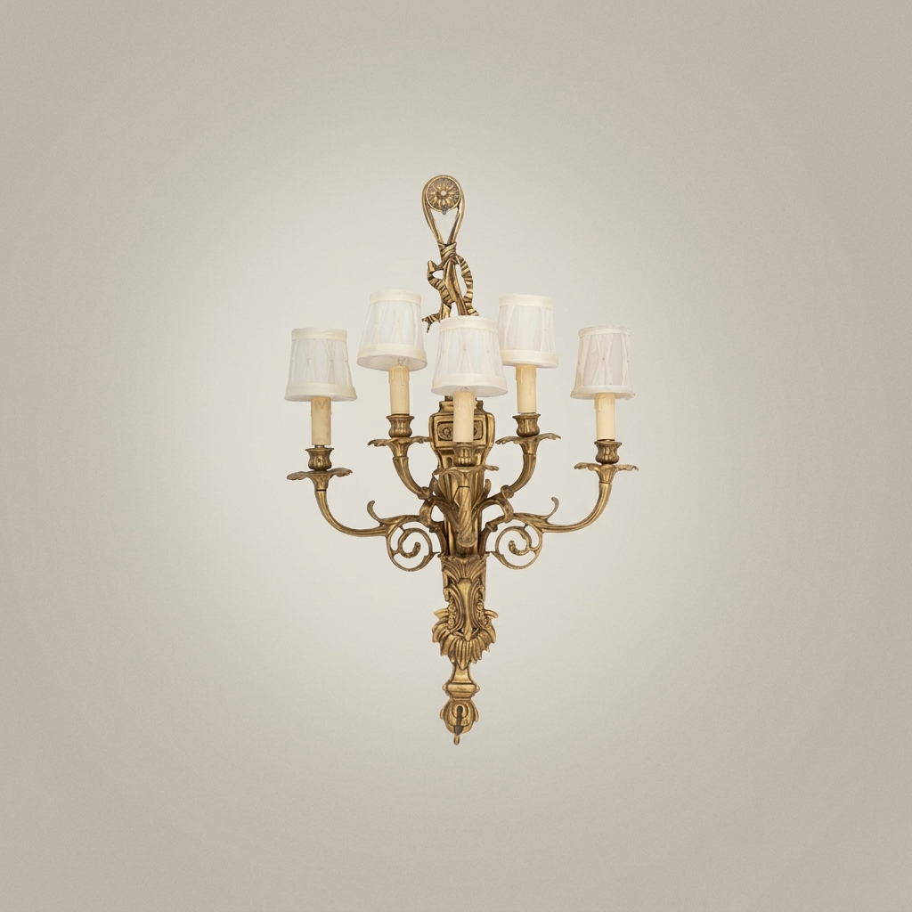 Louis XVI Neoclassical Five-Arm Brass Wall Sconce with Acanthus Backplate — Antique Gold