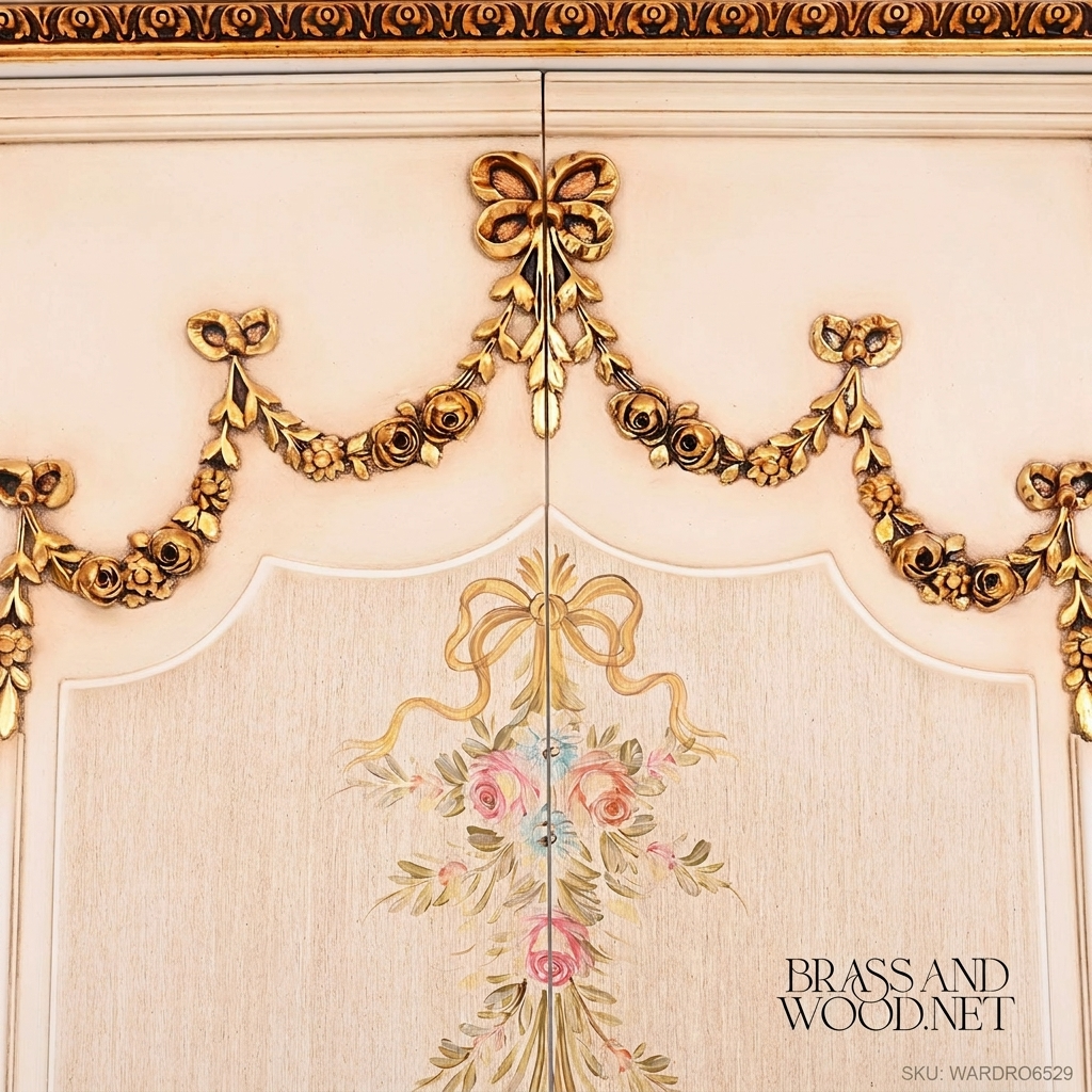 Louis XVI Neoclassical Five-Door Wardrobe with Hand-Painted Floral Panels and Gilt Garland Carvings