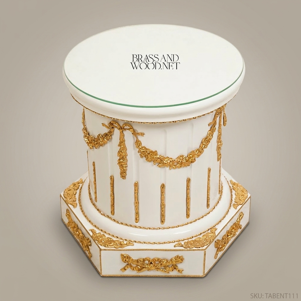 Louis XVI Neoclassical Fluted Column Side Table with Gilt Laurel Swags