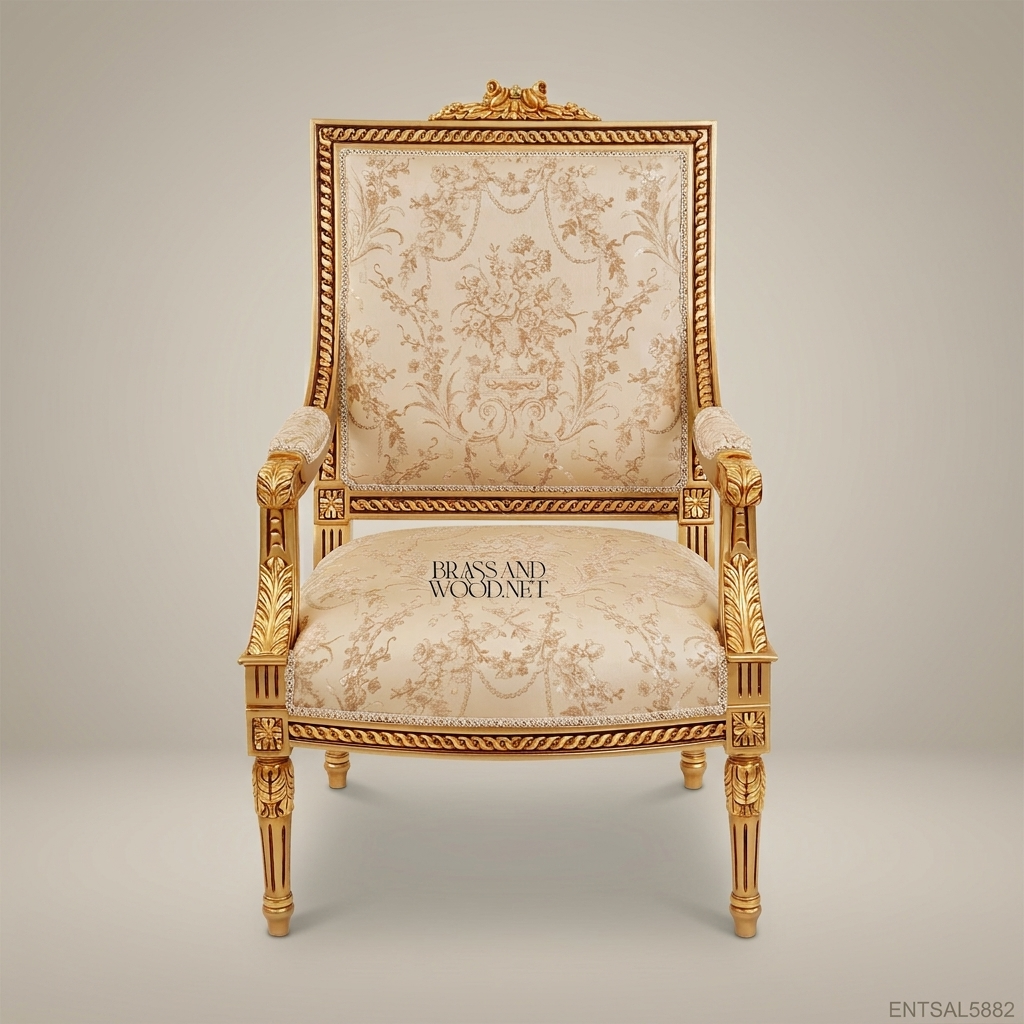 Louis XVI Neoclassical Gilded Fauteuil Fluted Legs Floral Jacquard Upholstery Carved Wood Salon Armchair Main View | Brass & Wood