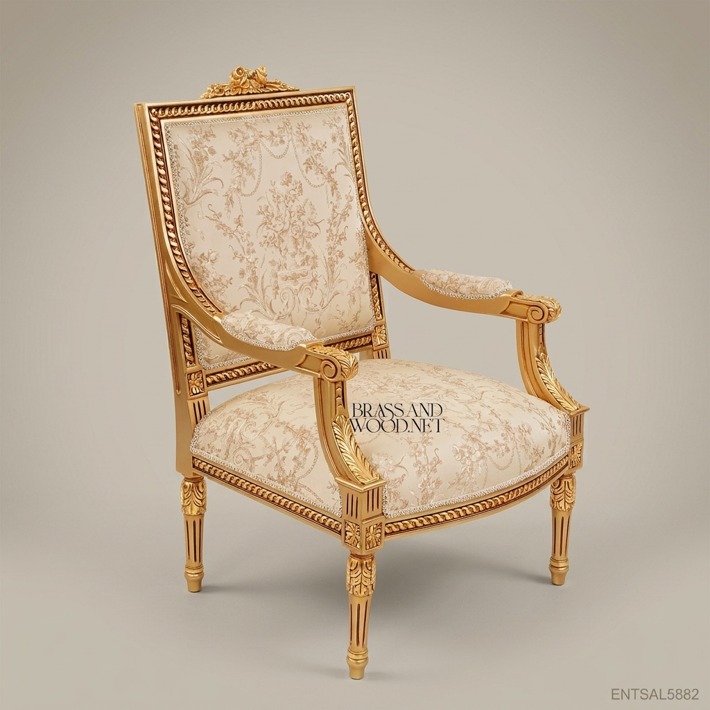 Louis XVI Neoclassical Gilded Fauteuil Fluted Legs Floral Jacquard Upholstery Carved Wood Salon Armchair View 2 | Brass & Wood