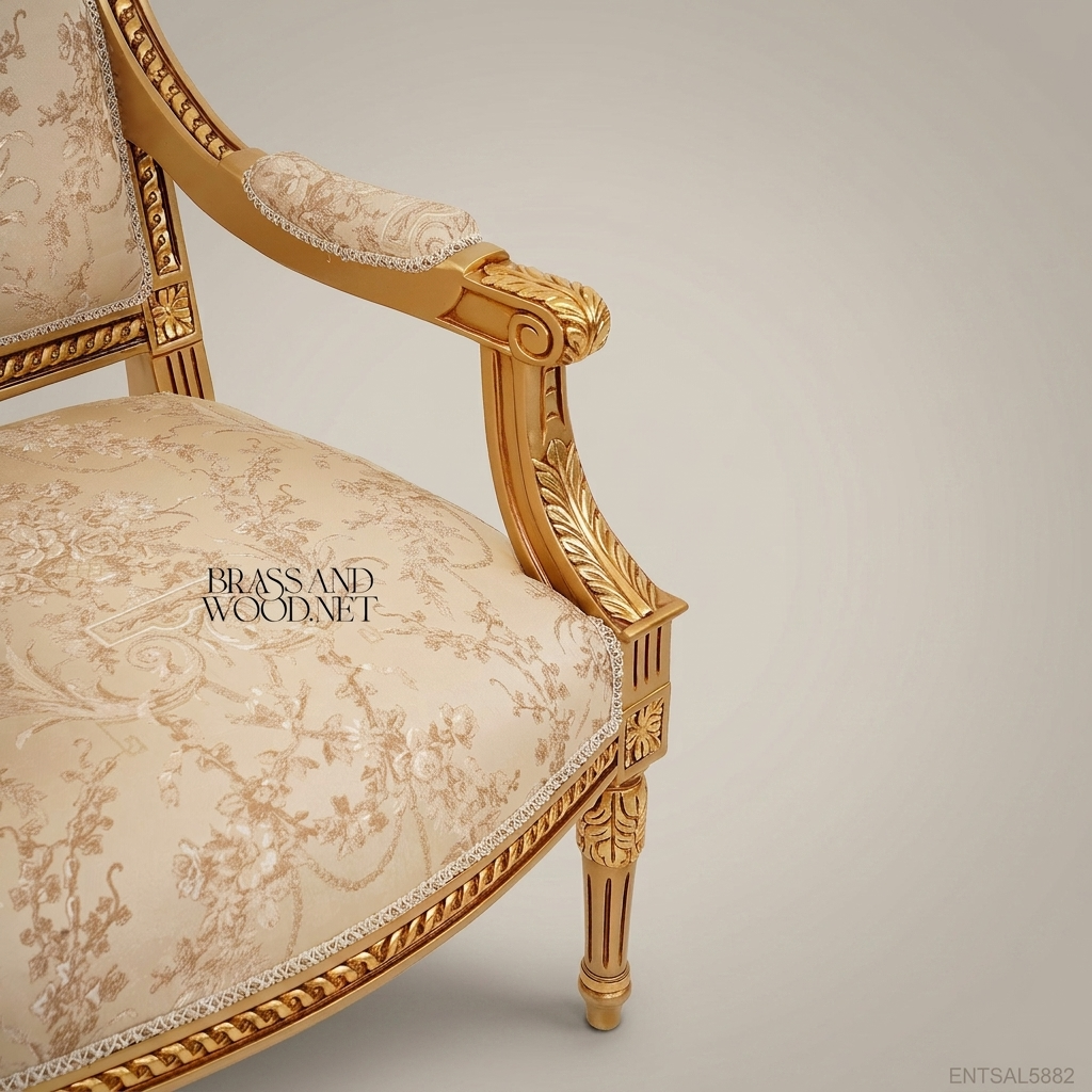 Louis XVI Neoclassical Gilded Fauteuil Fluted Legs Floral Jacquard Upholstery Carved Wood Salon Armchair View 3 | Brass & Wood