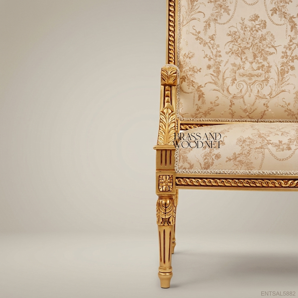 Louis XVI Neoclassical Gilded Fauteuil Fluted Legs Floral Jacquard Upholstery Carved Wood Salon Armchair View 4 | Brass & Wood