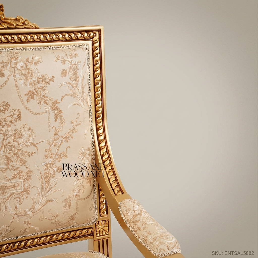Louis XVI Neoclassical Gilded Fauteuil Fluted Legs Floral Jacquard Upholstery Carved Wood Salon Armchair View 5 | Brass & Wood