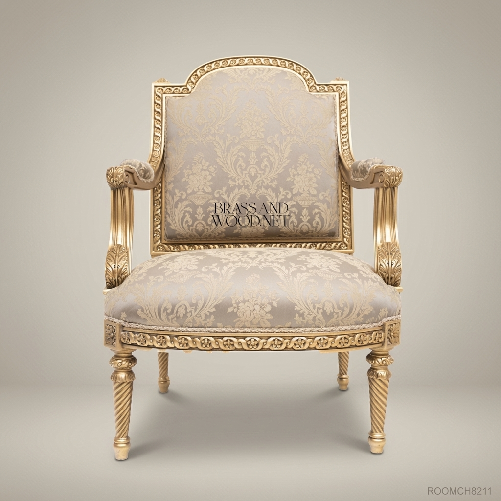 Louis XVI Neoclassical Gilded Fauteuil Armchair Ribbon Rosette Carved Frame Champagne Damask Main View | Brass & Wood