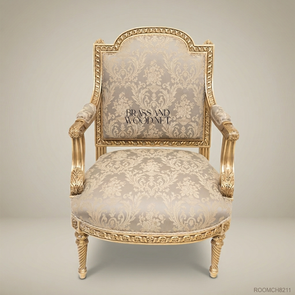 Louis XVI Neoclassical Gilded Fauteuil Armchair Ribbon Rosette Carved Frame Champagne Damask View 2 | Brass & Wood