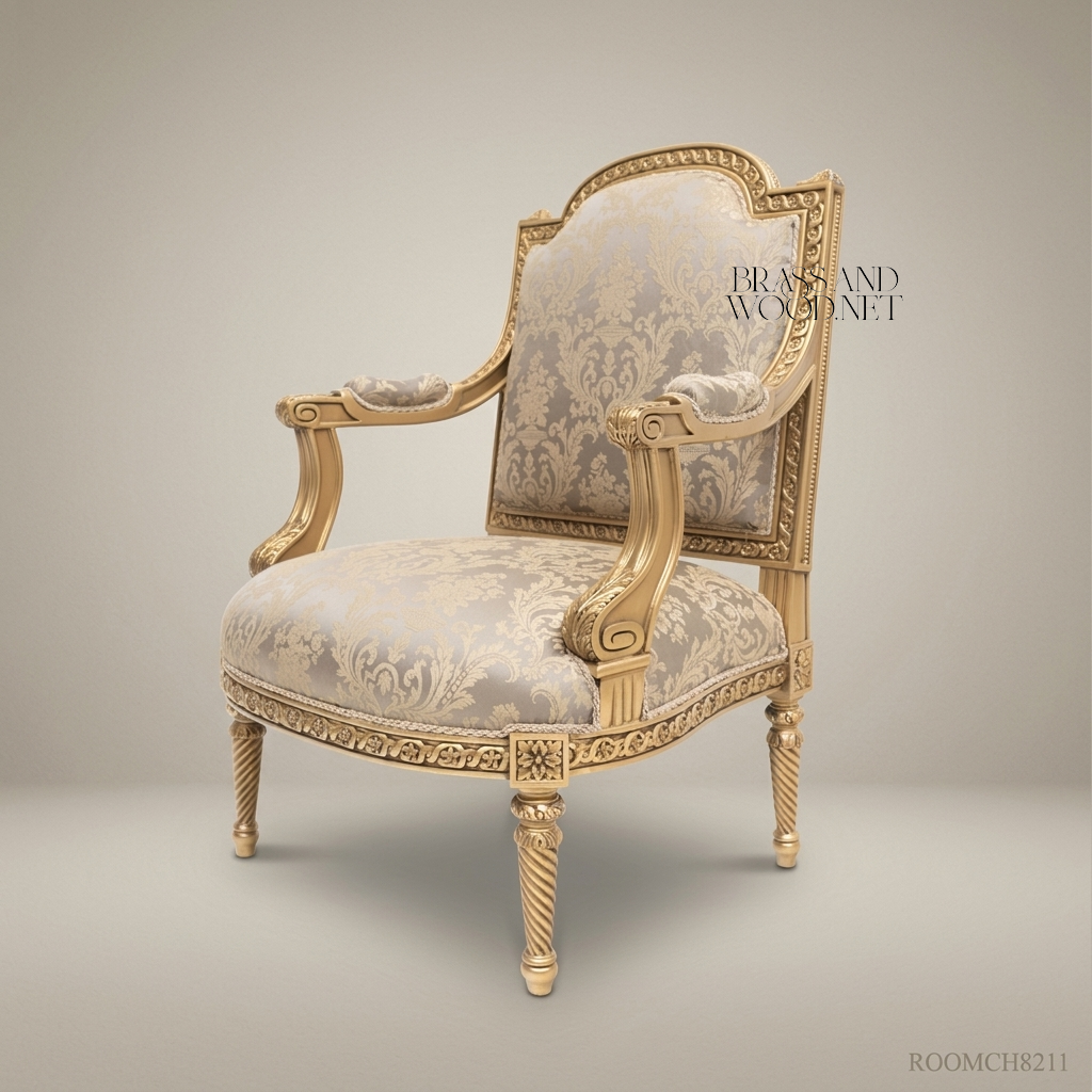 Louis XVI Neoclassical Gilded Fauteuil Armchair Ribbon Rosette Carved Frame Champagne Damask View 3 | Brass & Wood