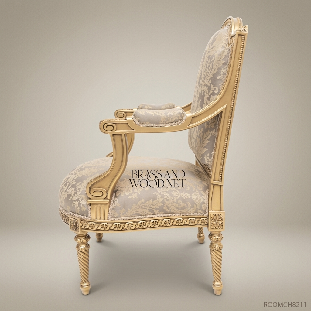 Louis XVI Neoclassical Gilded Fauteuil Armchair Ribbon Rosette Carved Frame Champagne Damask View 4 | Brass & Wood