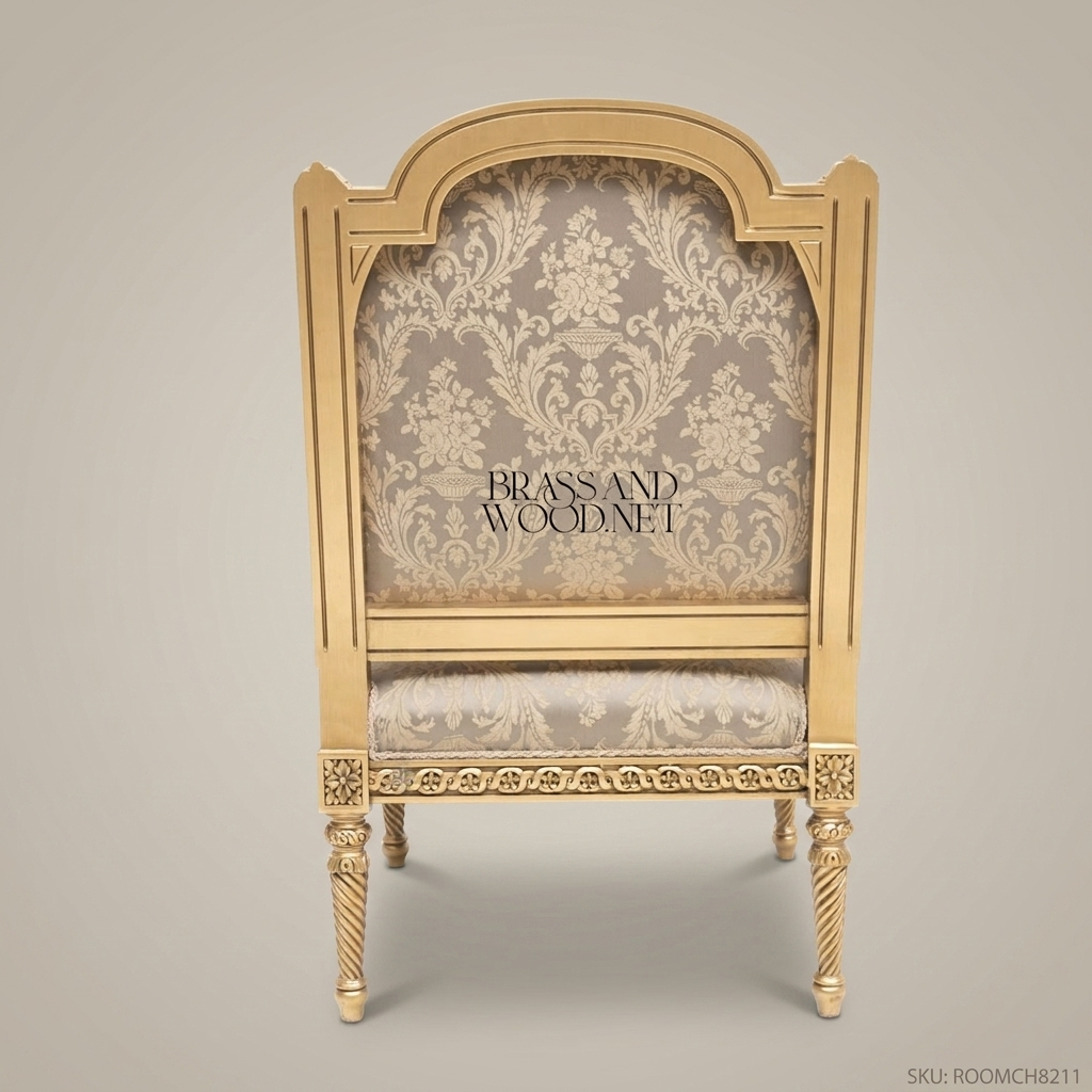 Louis XVI Neoclassical Gilded Fauteuil Armchair Ribbon Rosette Carved Frame Champagne Damask View 5 | Brass & Wood