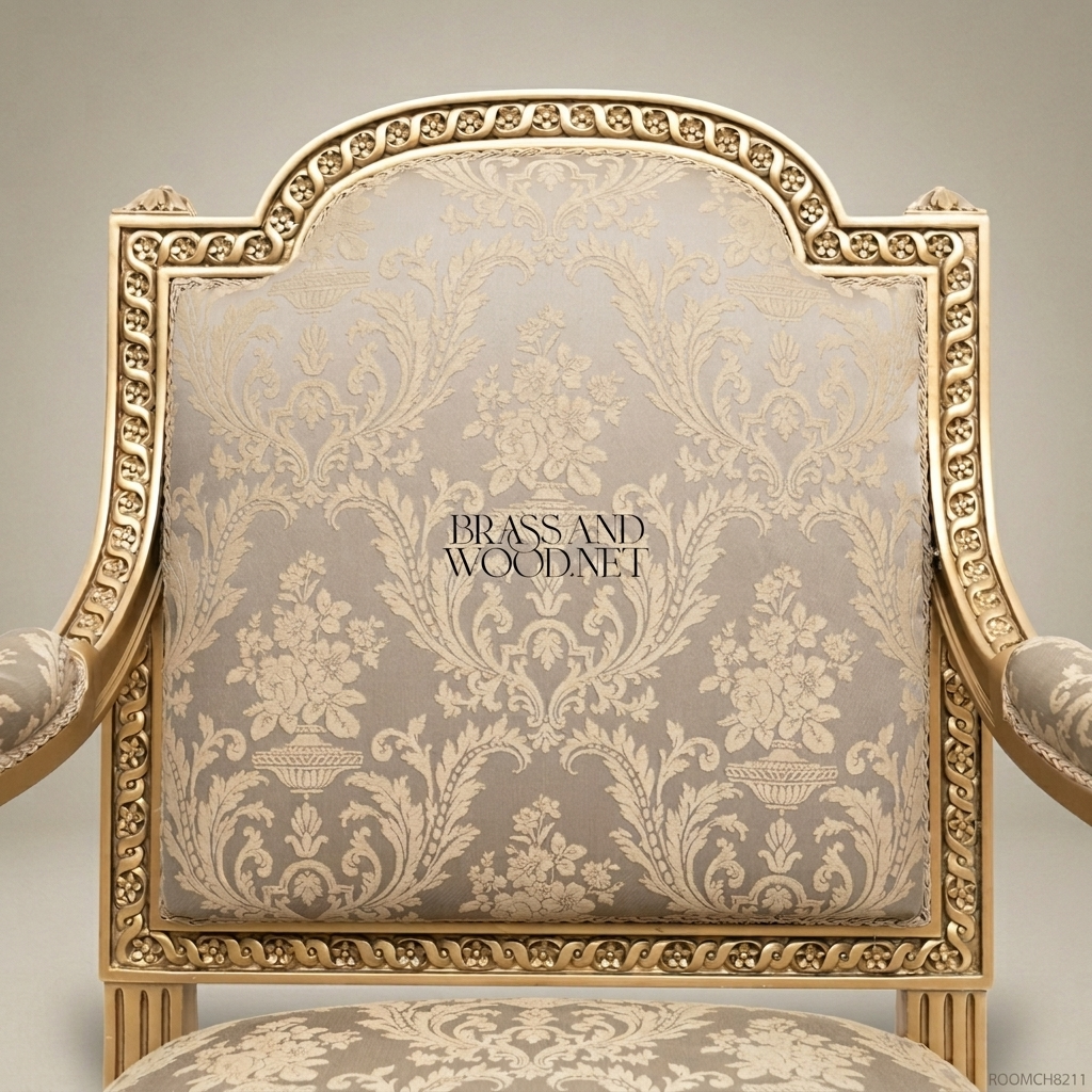 Louis XVI Neoclassical Gilded Fauteuil Armchair Ribbon Rosette Carved Frame Champagne Damask View 6 | Brass & Wood