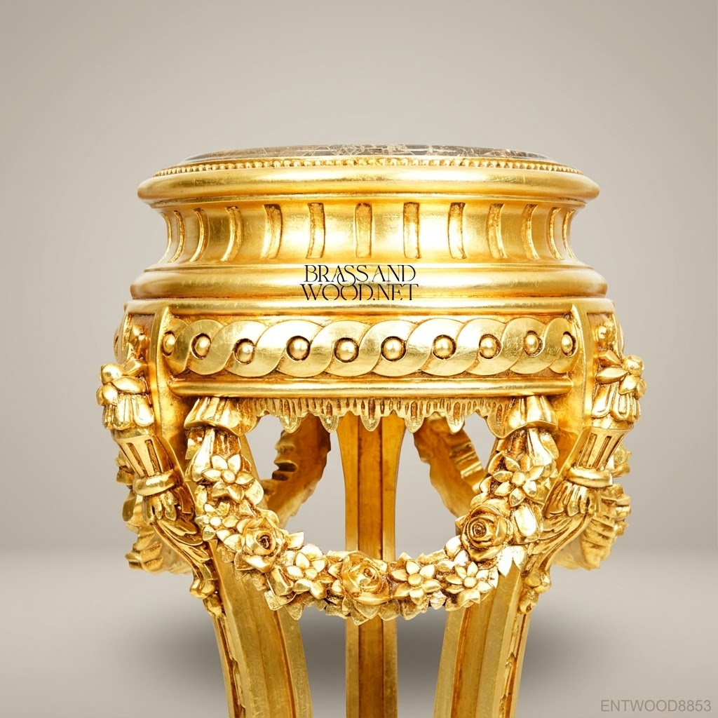 Louis XVI Neoclassical Gilded Pedestal Column with Floral Garland Carving and Marble Top