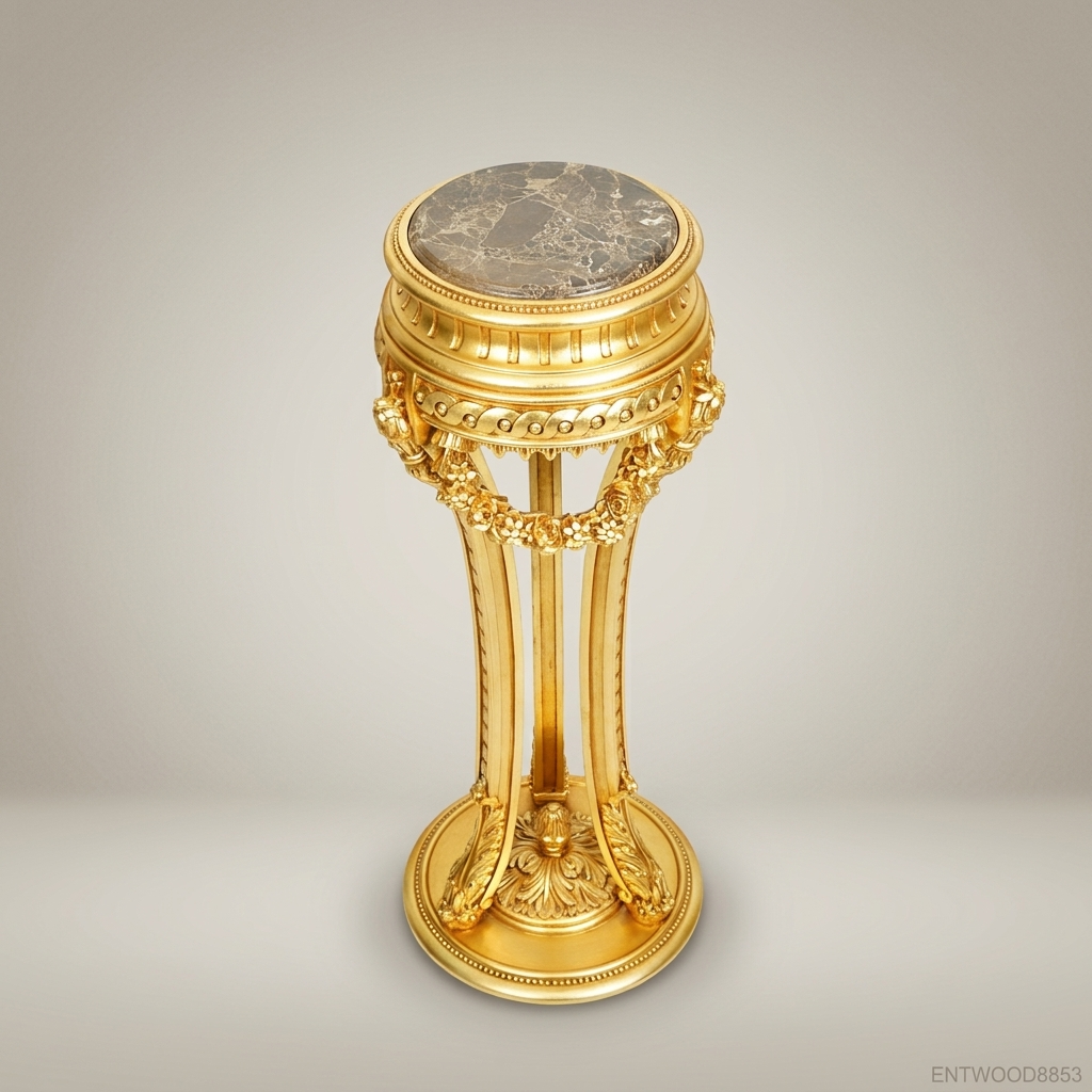Louis XVI Neoclassical Gilded Pedestal Column with Floral Garland Carving and Marble Top