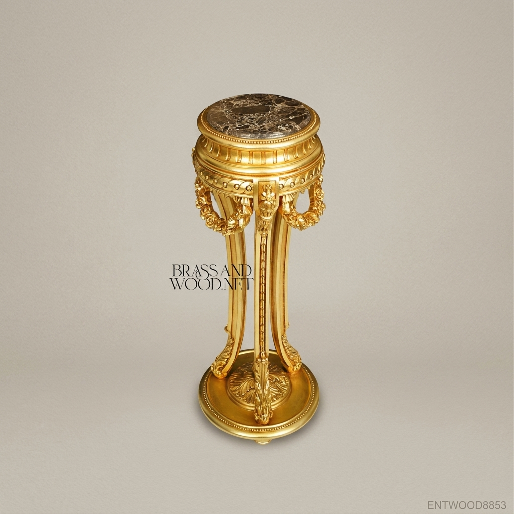 Louis XVI Neoclassical Gilded Pedestal Column with Floral Garland Carving and Marble Top