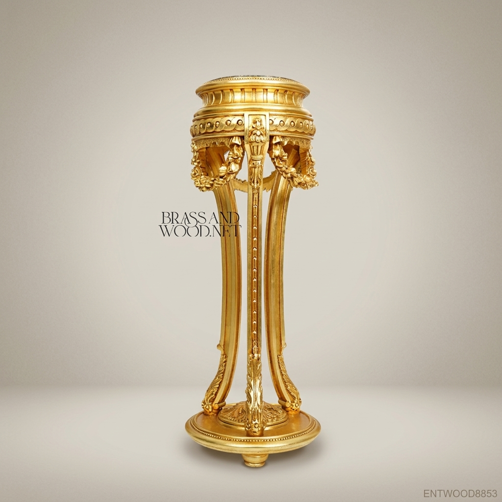 Louis XVI Neoclassical Gilded Pedestal Column with Floral Garland Carving and Marble Top