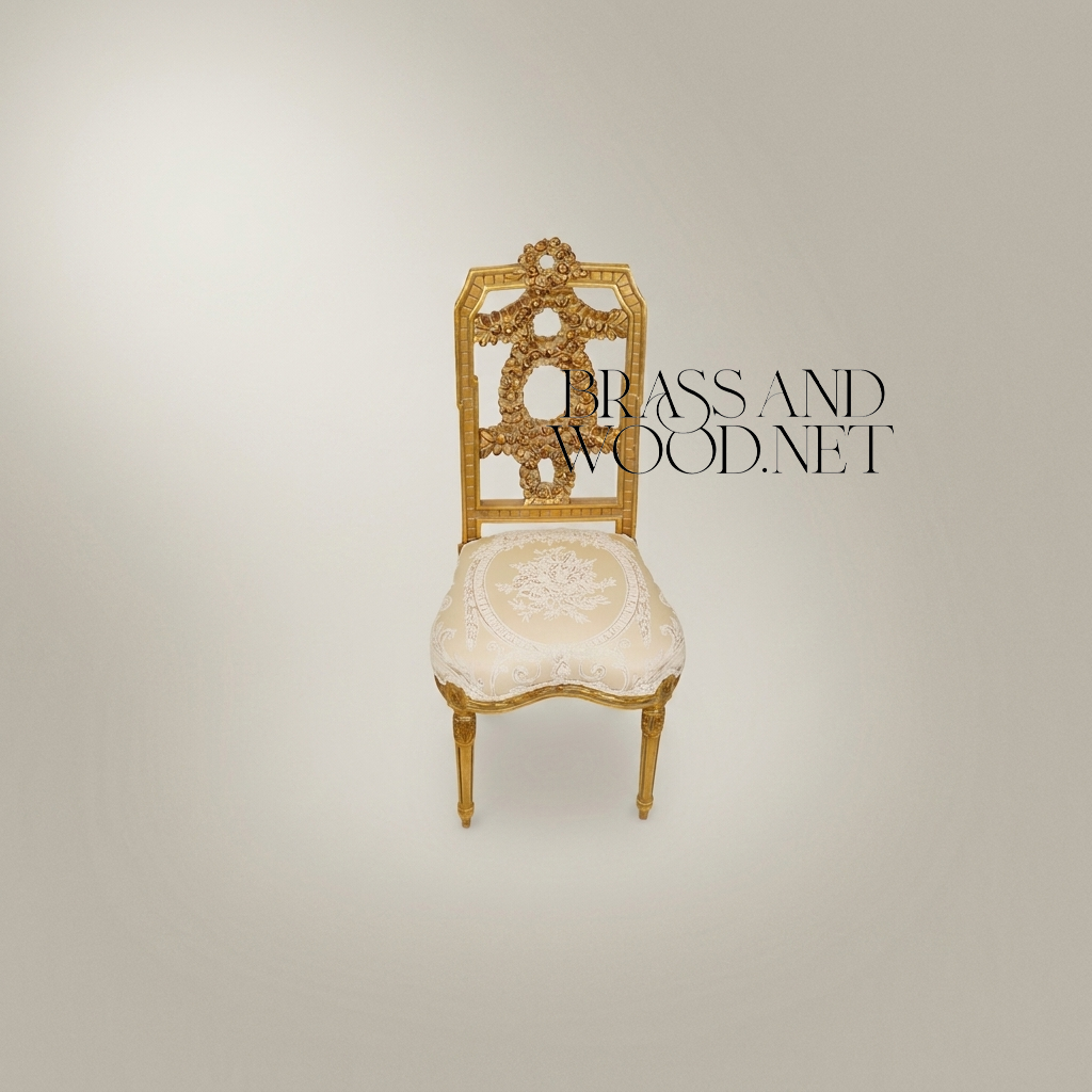 Louis XVI gilded carved side chair with three linked floral wreath splat and cream jacquard seat View 2 | Brass & Wood