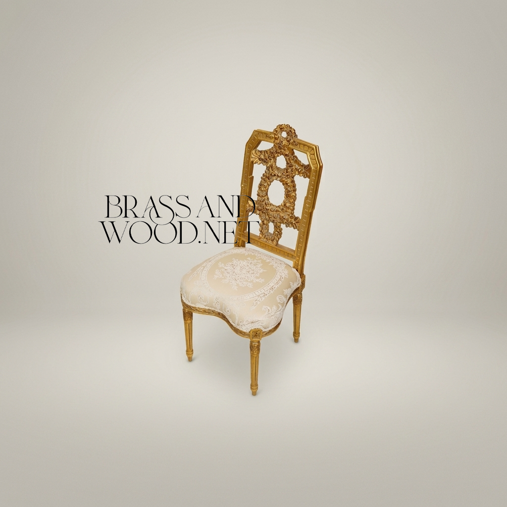 Louis XVI gilded carved side chair with three linked floral wreath splat and cream jacquard seat View 3 | Brass & Wood