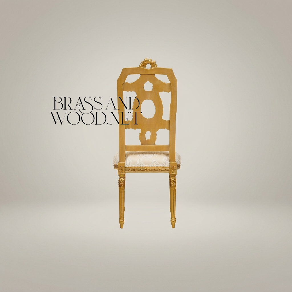 Louis XVI gilded carved side chair with three linked floral wreath splat and cream jacquard seat View 5 | Brass & Wood