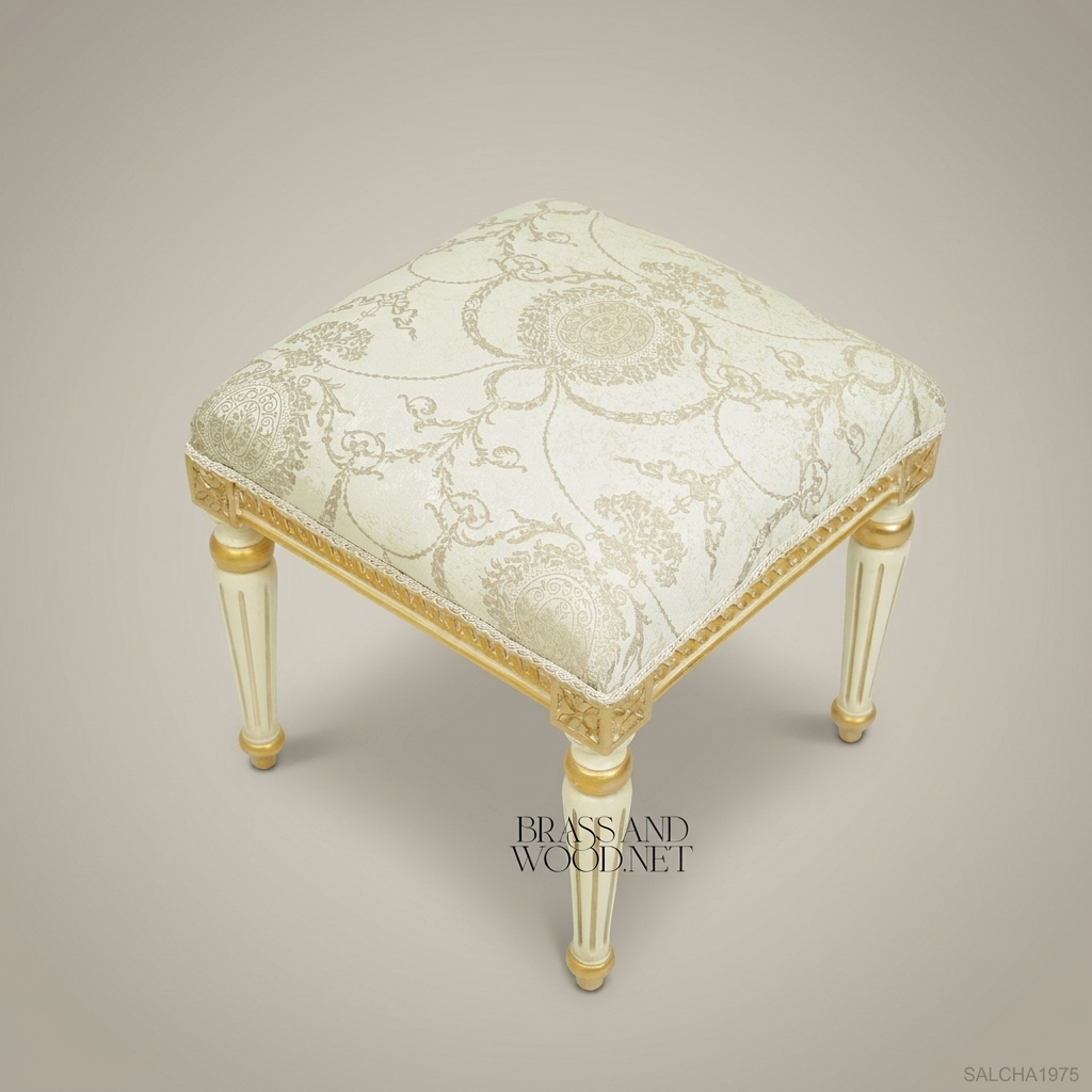 Louis XVI Neoclassical Gilded Vanity Stool - Ivory & Gold Fluted Legs with Damask Seat