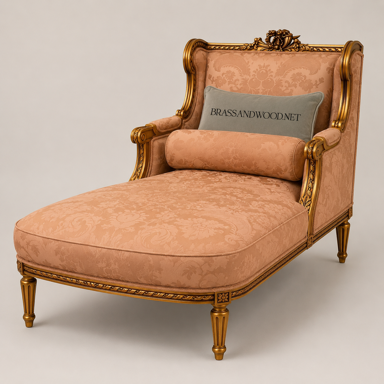 Louis XVI Neoclassical Gilt Chaise Longue - Winged Back with Damask Upholstery