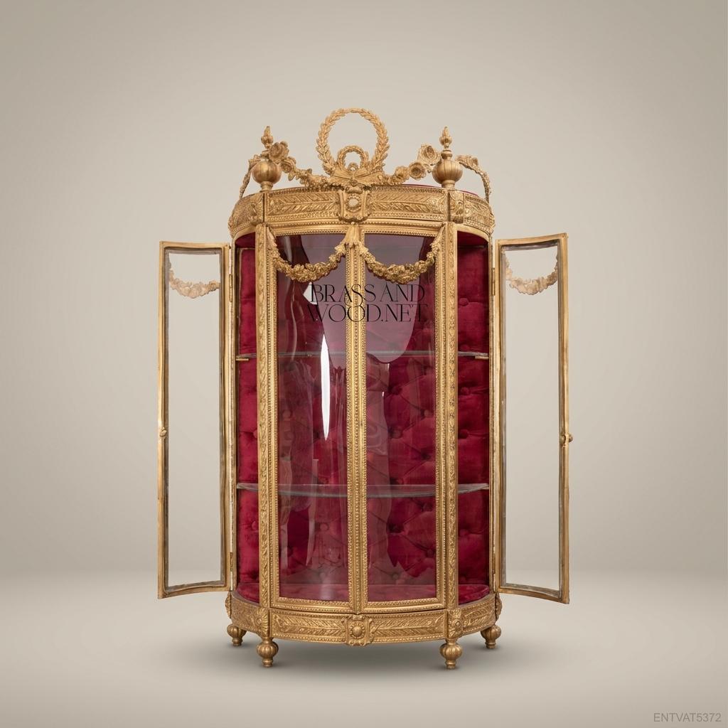 Louis XVI Neoclassical Gilt Vitrine — Curved Glass with Laurel Crest & Crimson Velvet Interior