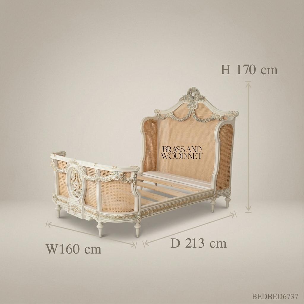 Louis XVI Neoclassical Hand-Carved Cane Panel Bed - Floral Garland Headboard with Oval Medallion Footboard