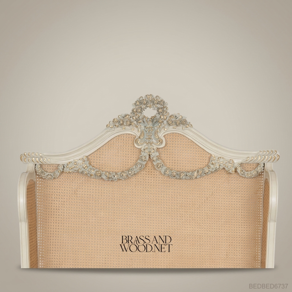 Louis XVI Neoclassical Hand-Carved Cane Panel Bed - Floral Garland Headboard with Oval Medallion Footboard