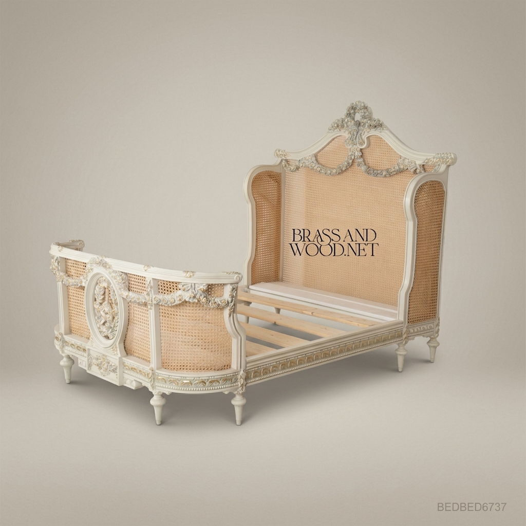 Louis XVI Neoclassical Hand-Carved Cane Panel Bed - Floral Garland Headboard with Oval Medallion Footboard